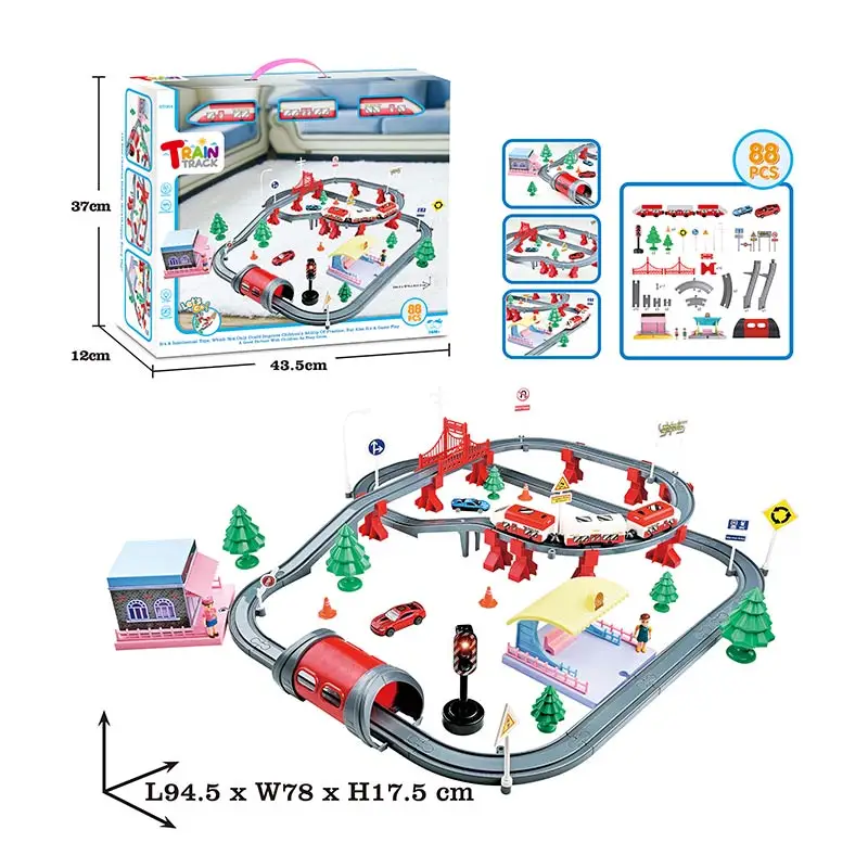 Оптовая продажа 88 шт игровые автоматы с батарейным питанием железнодорожный поезд набор игрушек для детей со звуком и светом