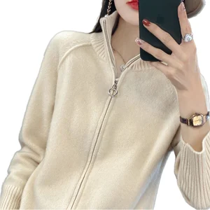 Comfortable Custom Thick Warm Winter Cardigan for Women's Double Zipper Front Logo Long Sleeved Loose Knit