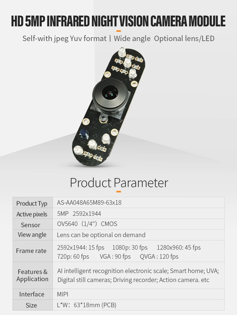 DGZX Factory Customization ESP32 1/4″ CMOS OV5640 2592*1944 15FPS Night Vision 5MP Fixed Focus MIPI Camera Module插图