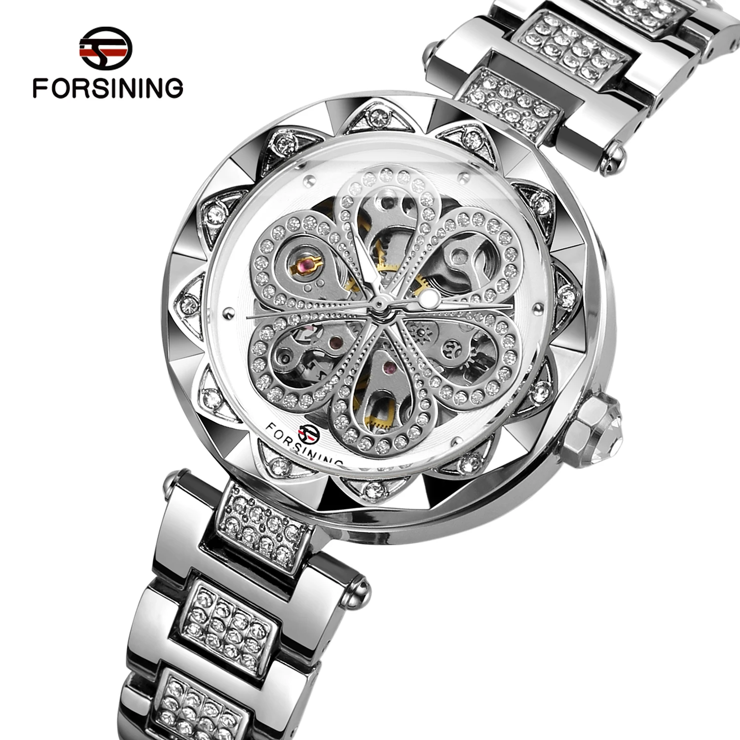 
Chinese Factory FORSINING Custom OEM Wrist Watches Girls Rhinestone Fashion Ladies Skeleton Hand Wind Mechanical Watch for Women 