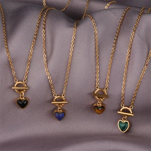 Wholesale Fashion Jewelry Stainless Steel 18K Gold Plated Link Heart Shape Pendant Necklaces for Women Black Agate Stone Gift