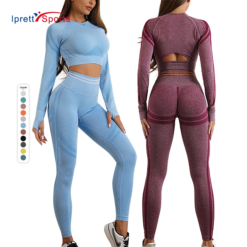 Women Seamless Tracksuits Sexy Long Sleeve Crop Top T Shirts With Tummy Control Scrunch Butt Gym