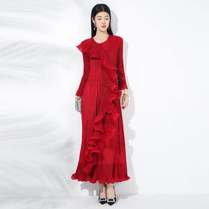 Pleated Clothing Supplier 2025 Latest Design Pleated Ruffled Maxi Dress Ladies Irregular Layered Ruffle Woven Casual Party Dress