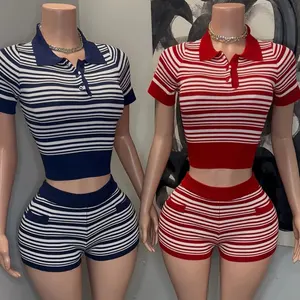 Huili Knit Short Sleeve Polo Neck Crop Top & Hot Shorts Sweater Set Lounge Wear Knitted Two Piece Striped Loungewear Women Sets