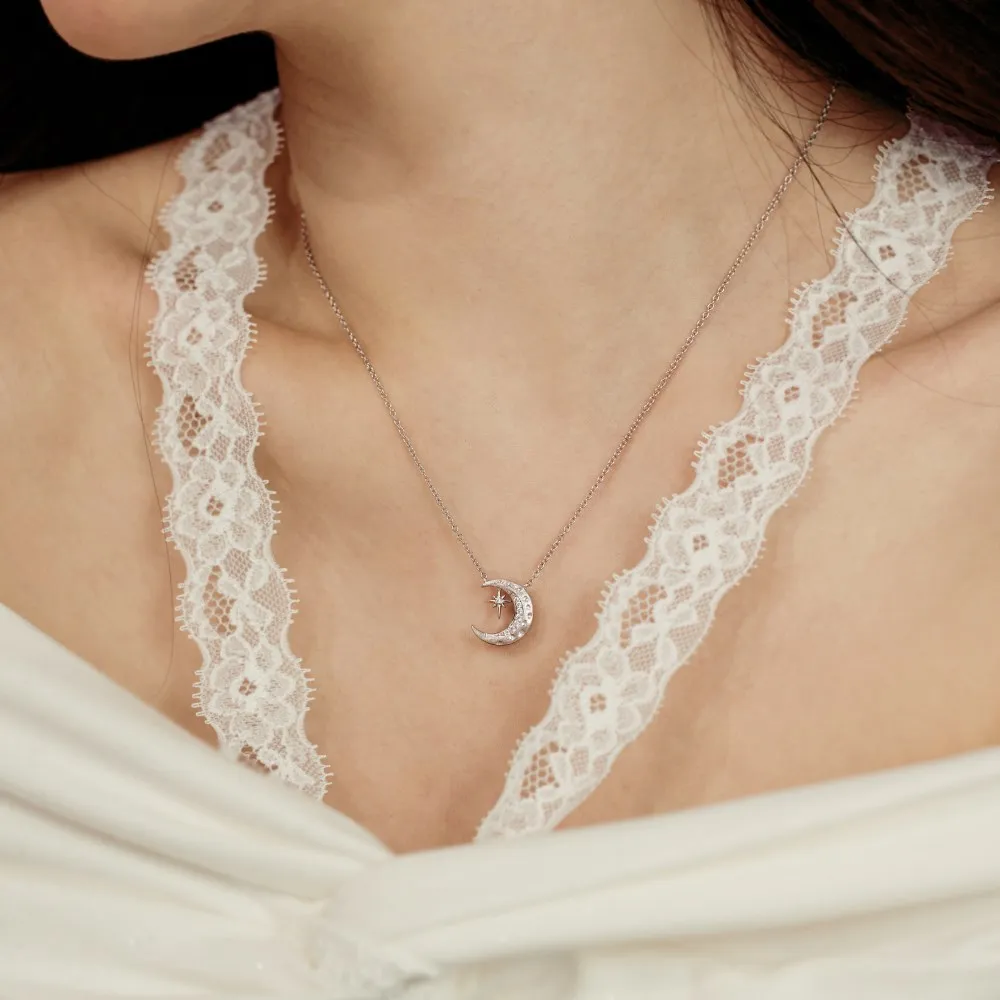 KAKODIY 925 Sterling Silver Chain 5A Cubic Zirconia Frosted Surface Crescent Moon Pendant Necklace Christmas Gift detail 7