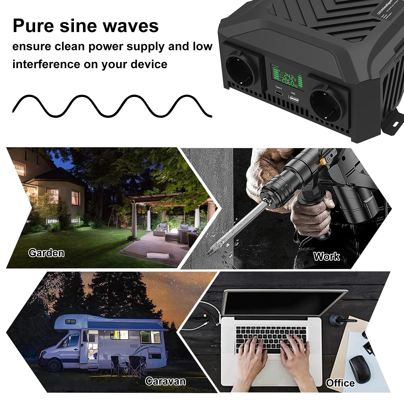DATOUBOSS Intelligenter 12V-auf-230V-Sinus-Wechselrichter mit 2000W Leistung, 2 EU-Steckdosen, USB-C-Anschluss und 1A-USB-Anschluss_voghion.com