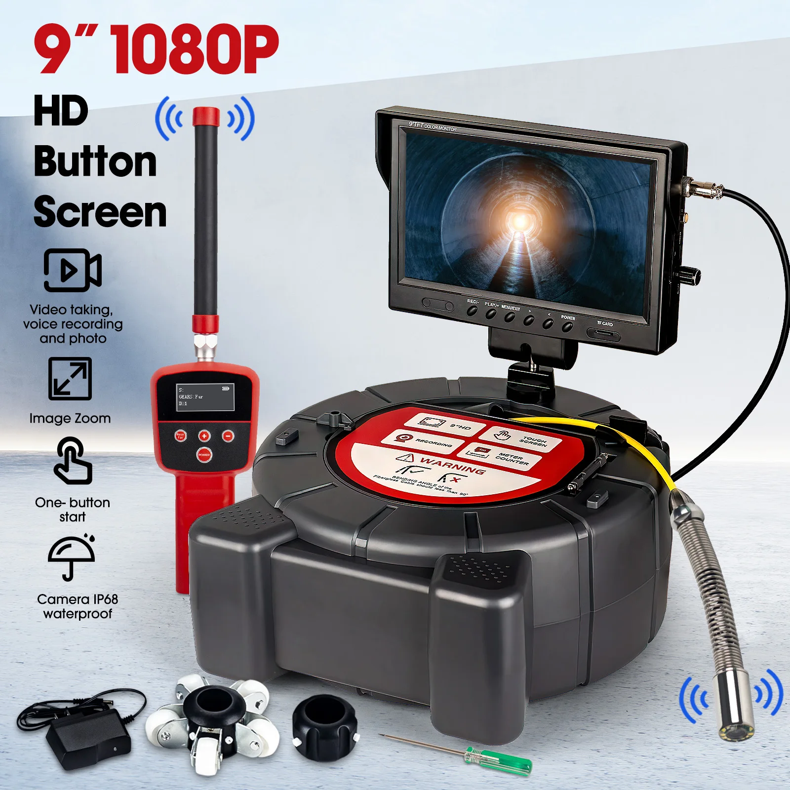 Sewer Camera 512Hz Locator&Sonde Self-leveling Meter Count 9inch HD Screen Factory Wholesale Industrial Pipe Camera Video Recording Endoscope