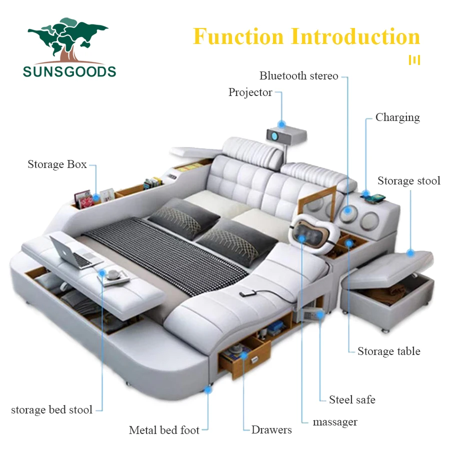 couro luxuoso plataforma multifuncional cama cama inteligente