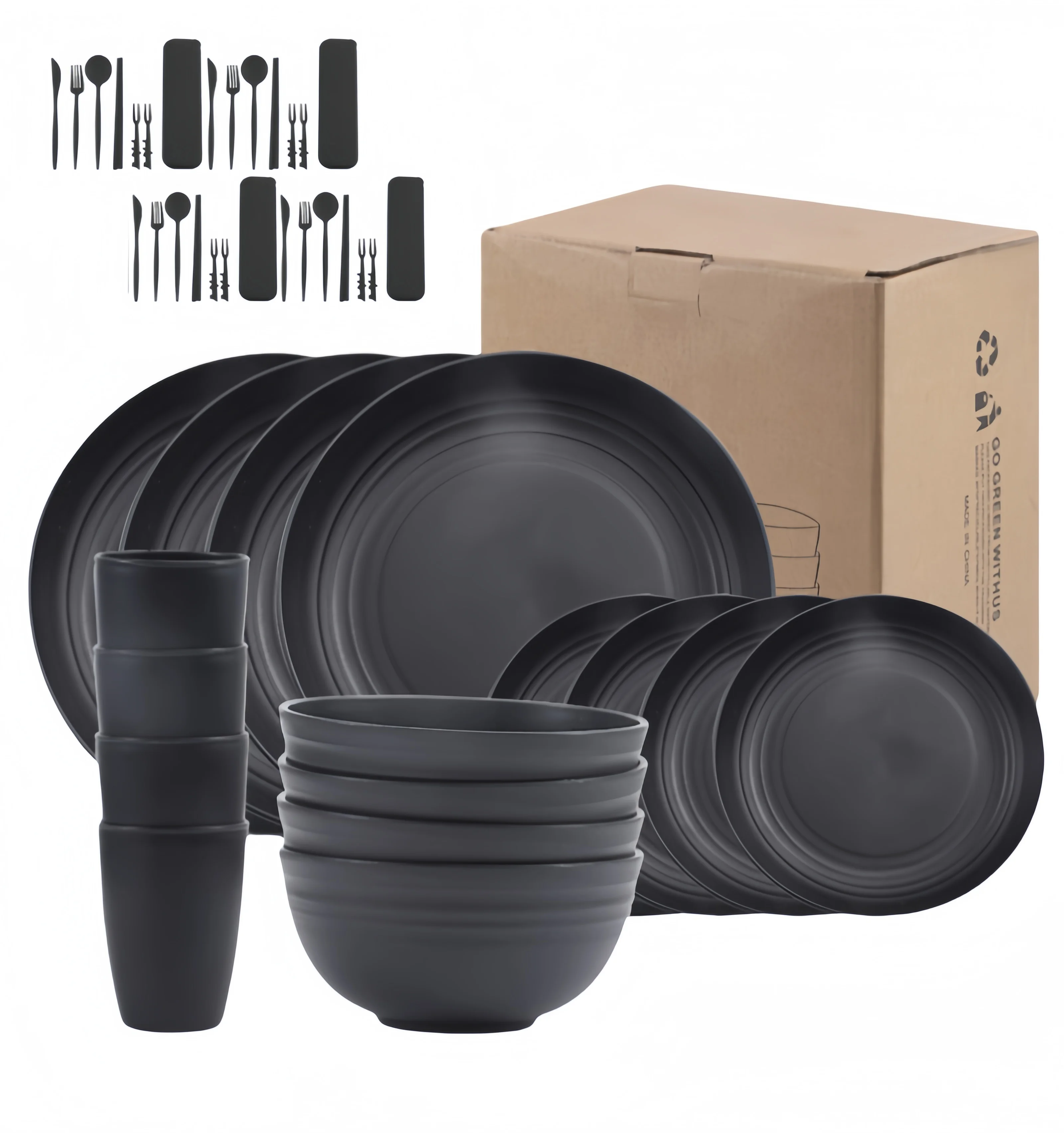 Custom Eco-friendly Wheat Straw Tableware Set for Home Hotels Restaurants Black Plate Spoon Cup Bowls and Cutlery Dinnerware Set