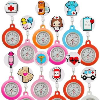 Wholesale Cartoon Watches For Nurse Doctor Retractable Silicone Pocket Watch Colorful Gift Hospital Nurses Watch With Badge Clip