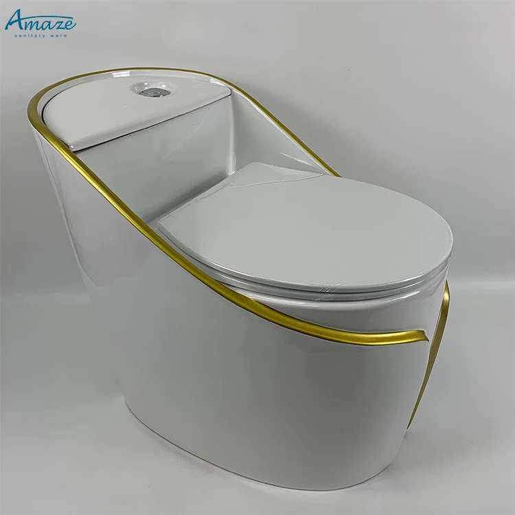 Luxury ceramic sanitary ware design bathroom gold line egg shape water closet floor one piece toilet bowl details