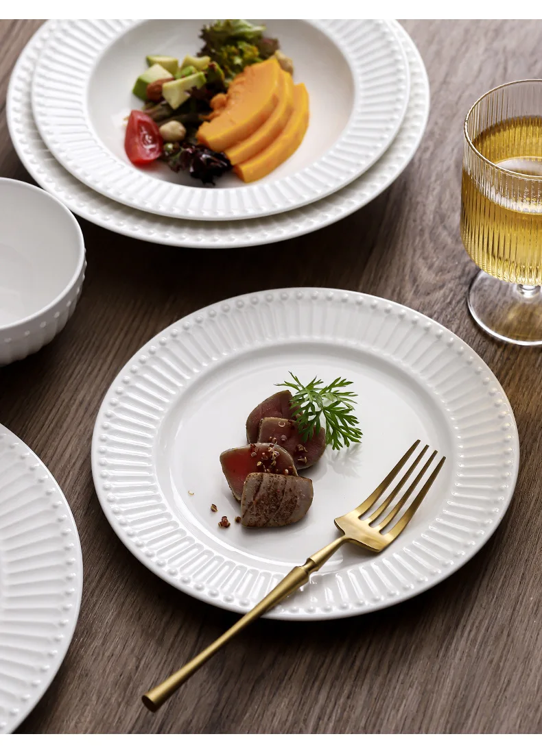 Tabletops Gallery Embossed Bone White Porcelain Round 12 Piece Dinner