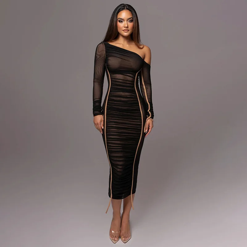 WS8225 2024 Spring and Summer Long Sleeve Double Layer Mesh Dresses Women Good Quality Inclined Shoulder Tight Fitting  Dress