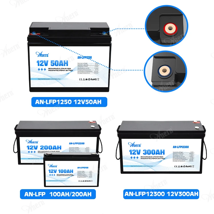 Anern New Design Lithium Ion Battery 12V 50AH 100AH 200AH Lifepo4 Battery Pack