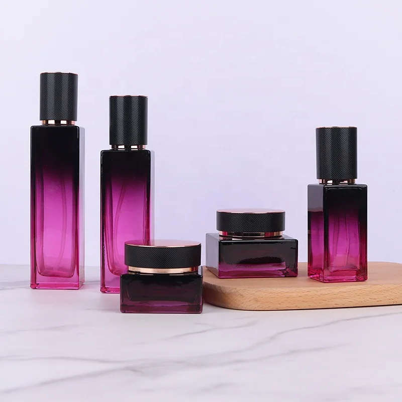 Luxury Innovative design fashion style cosmetic glass bottle set skincare cosmetic packaging square glass container