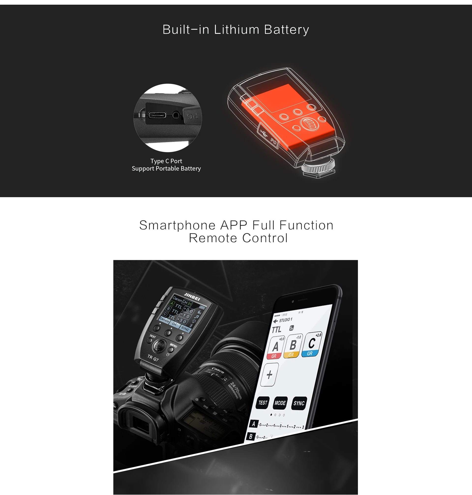 JINBEI TR-Q7 TTL HSS Wireless Integrated Hot Shoe Transmitter trigger For canon Nikon Olympus Cameras With Phone APP control