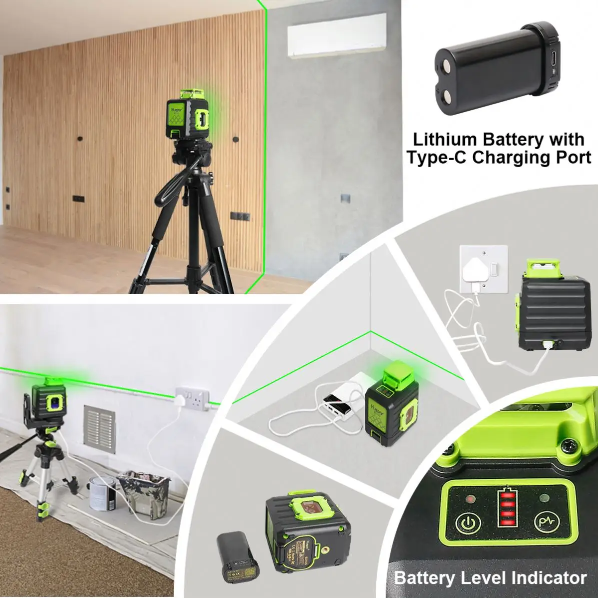Huepar B21CG - Green 360° Horizontal and Two Vertical Lines Cross Line  Laser Level with Hard Carry Case