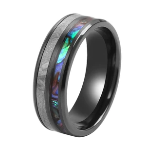 Tizti Jewelry 8MM Men Ring Abalone Shell Wood Blue Opal Meteorite Black Zirconium Titanium Tungsten Ring