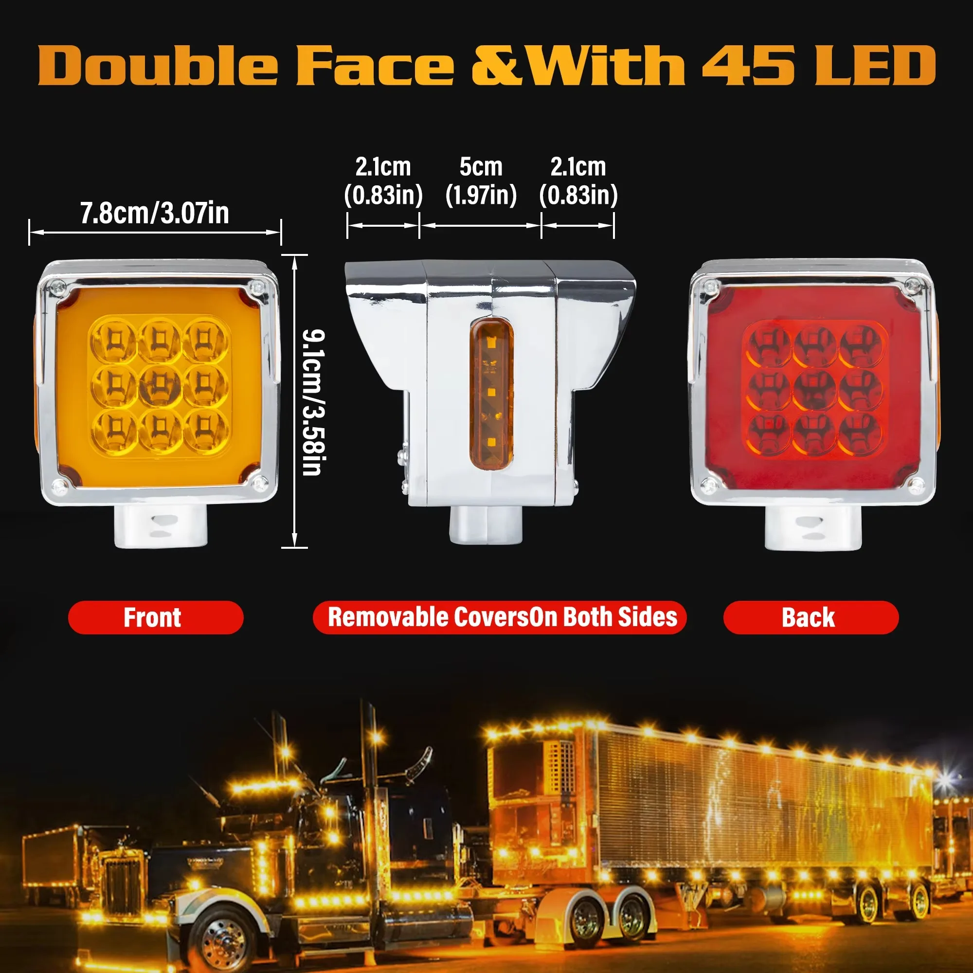 Amber/Red Double-Face Pedestal Fender Light with Stud Mount Square 39 LED Brake Turn Tail Signal Trailer Light 5