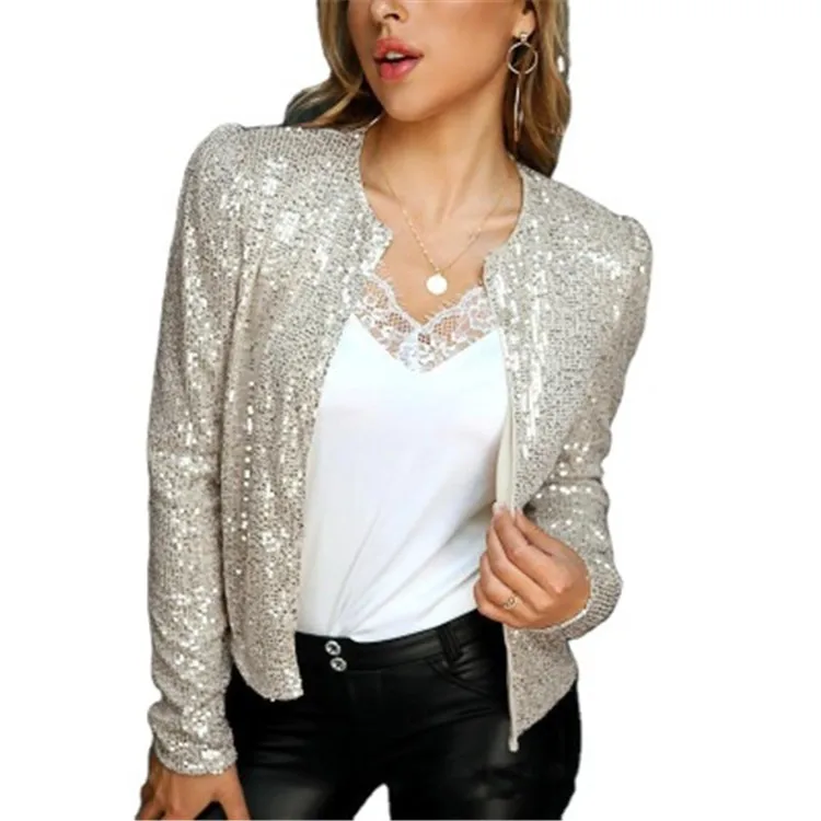 long sleeve open front sequin coat