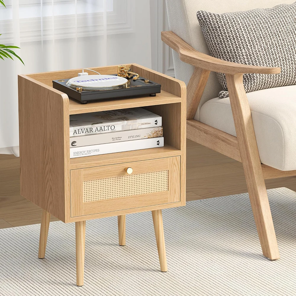 product modern wood night stand charging station with storage rattan end table for small space bedroom kids dorm natural-5