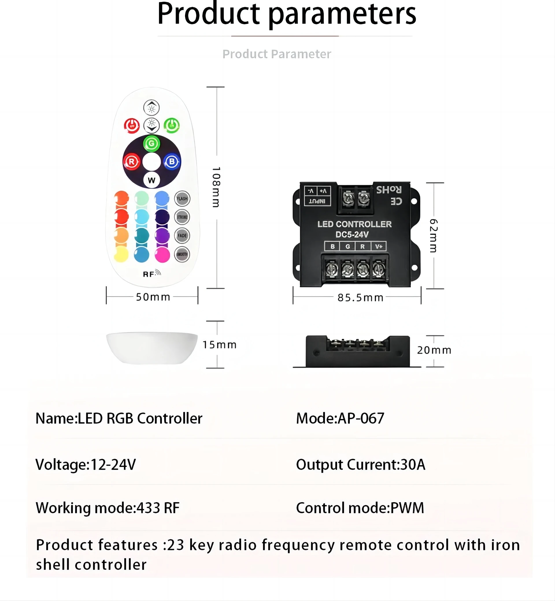 High Quality Led Rgb Controller Rf Remote Control Dc12-24V 30A Pwm 433 ...