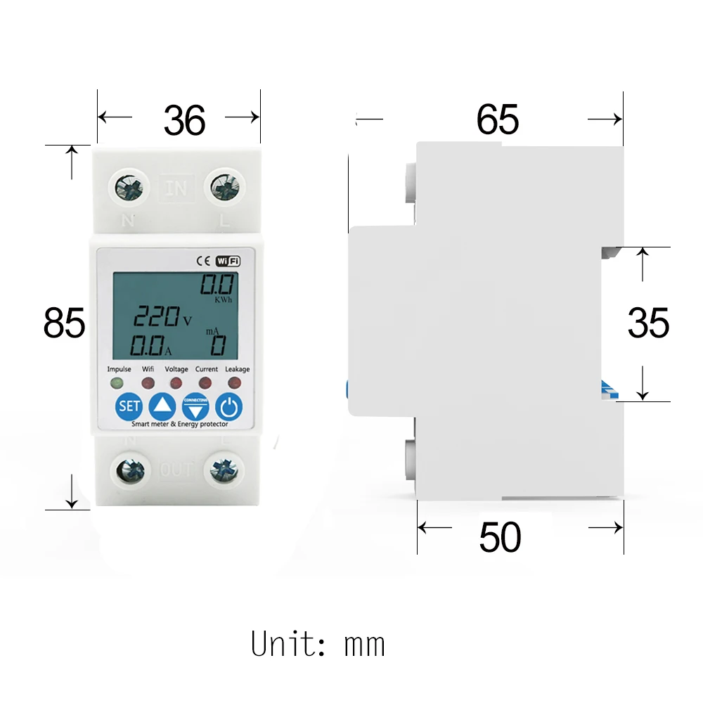 63A TUYA APP WiFi Smart Circuit Breaker Earth Leakage Over Under Adjustable Voltage Protector Relay/Energy Power KWh Meter