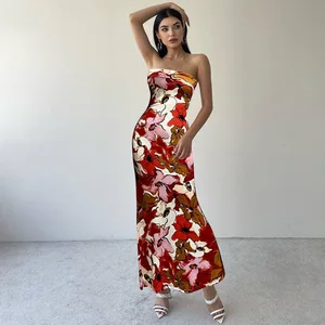 Women Sexy Party Club Evening Strapless Bodycon Floral Red Long Dress 2026 Sexy Printed Slim Fit Strapless Dress 3330