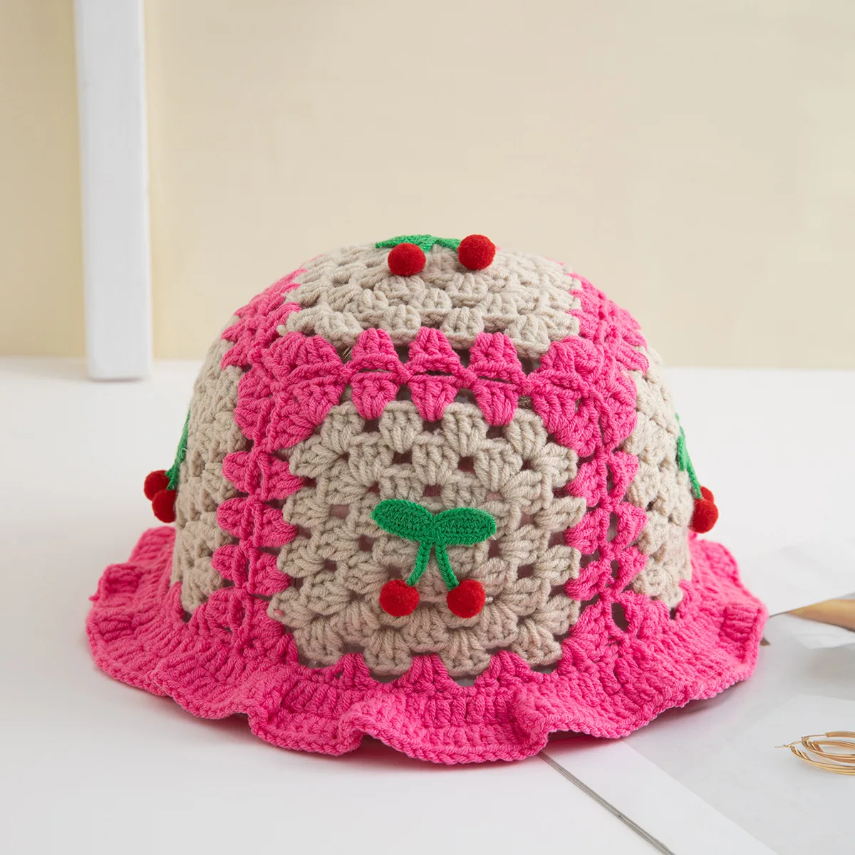 Handmade Ladies Dobby Frog Crochet Princess Hat Knitted Hollow Bucket Hat  Ruffles Cartoon Pattern Stylish for Casual Wear Winter