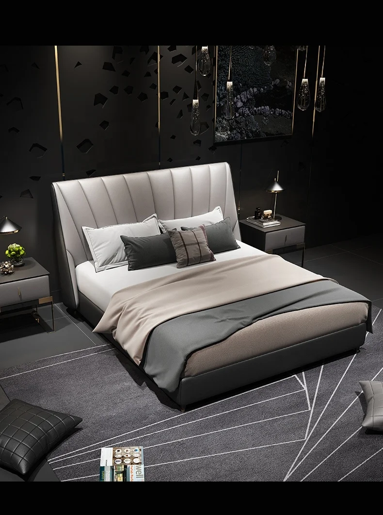 Wholesale Modern king Full Size Genuine Leather Upholstered TV Bed