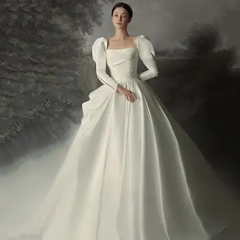 New Design Vintage Long Sleeves Plain Satin Wedding Dresses Long Sleeves Boat Neckline A Line Formal Prom Dress Evening Gown