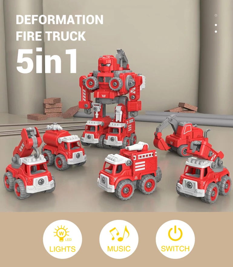 Kids diy assemble plastic engineer car take apart fire truck combination 5 in 1 deformation robot toy
