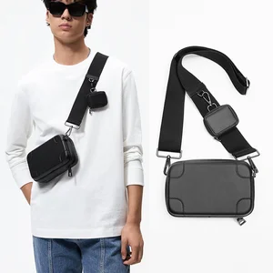 Customized Logo Black Leather Rigid Men's Box Crossbody Purse Shoulder Sling Side Bag for Men