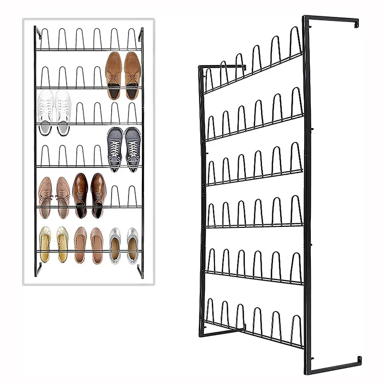 Jhmech Entryway Shoe Organizer Shelf For Closet With 36 Hooks Black 18 Pairs Wall Mounted Shoe