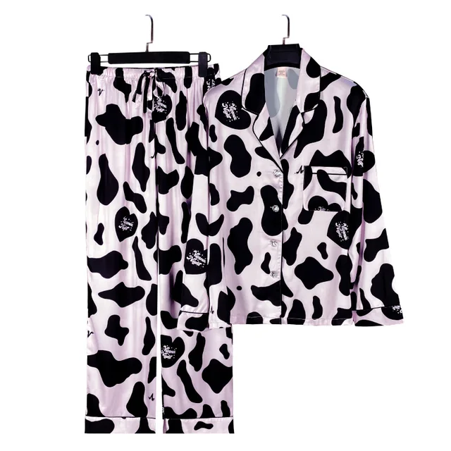 Winter Fall Sleeping Ice silk Long Sleeve Outfit Cozy Cow Printed 2 Piece Sleep Pajama Xmas Pjs Pyjamas Pijamas Set For Women