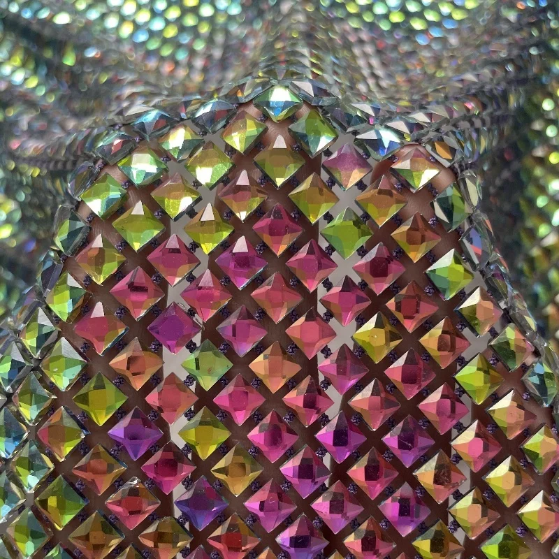 Personalized Fashion Dress Material Colorful Crystal Square Rhinestone  Stretch Fishnet Fabric