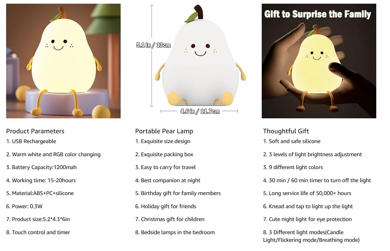 Hot Product Pear LED Night Lights Table Lamp Environmental Protection Silicone Light with 7 Colors Changeable