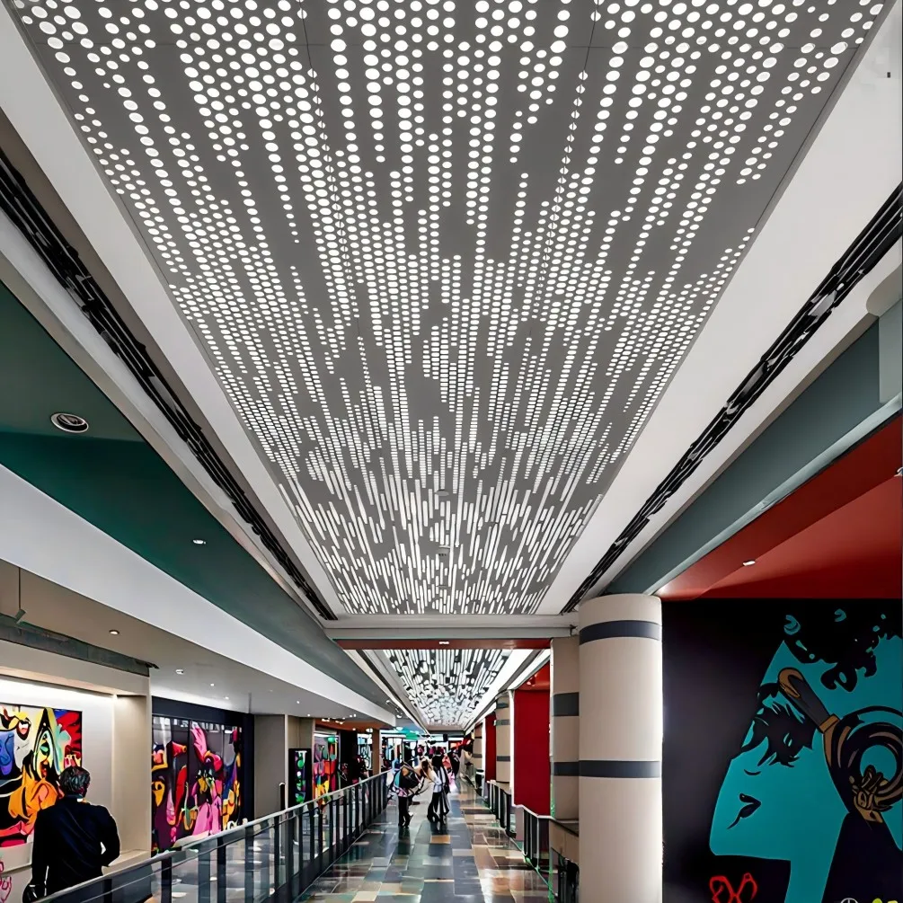 Custom Architectural Aluminum LED Light Ceiling Fireproof Artistic Metal Ceilings for Office Decor Perforated Alloy Material