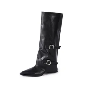 Wholesale Women's High-quality Pleated Pointed Chelsea Boots with High Tube Belt Buckle Autumn New Western Cowboy Boots