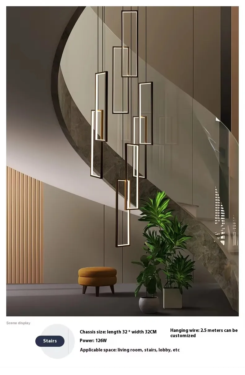 Black Gold Modern Led Pendant Light Hotel High Ceiling Geometric Hanging Lamp Staircase Large Long Customized Acrylic Chandelier