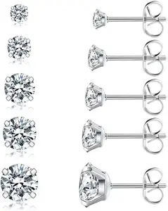 5 Pairs Stud Earrings Set, Hypoallergenic Cubic Zirconia 316L Earrings Stainless Steel CZ Earrings 3-8mm