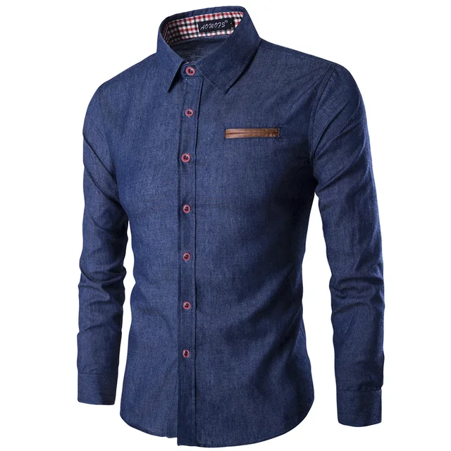 ODM/OEM Wholesale Men's Long Sleeve Shirt with Pocket Leather Cotton Slim Turn-down Collar Denim Jeans Shirts for Men