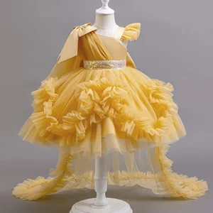 Children's Princess Lace Dress Flying Sleeves Long Tail for Weddings Birthday Parties Floral Pattern Ruffles Summer ODM