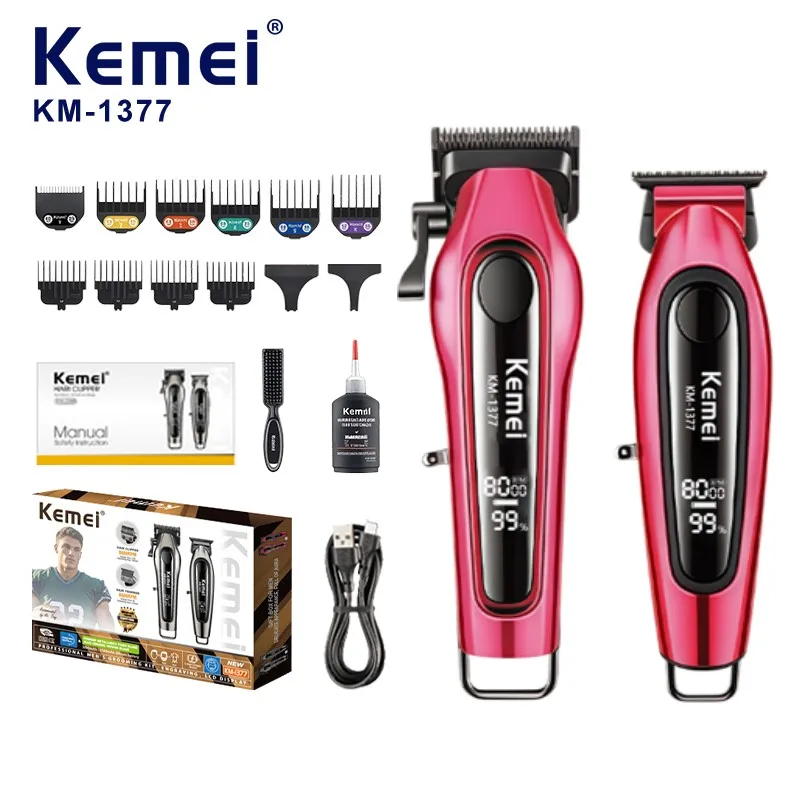 Tondeuse électrique rechargeable Kemei Km-1377, batterie lithium-ion de 3000 mAh, moteur haute vitesse à 8000 tr/min, tondeuse professionnelle 2-en-1 pour coiffure