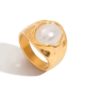 MW Women's 18K Gold-Plated Shaped Baroque Pearl Ring for Women with Adjustable Index Finger Ring Stainless Steel Engagement Ring