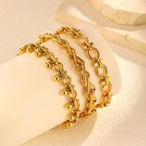 Personality Geometric Pattern 18k Gold Plated Stainless Steel Link Chain Bracelet Anti Tarnish Jewelry Bracelet for Women Men