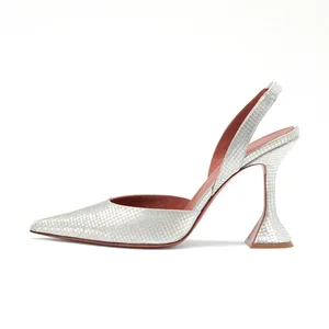 Pointy Toe Wedding Shoes Elegant Heels for Women Silver Metallic Glitter Sling Pumps With Sculpted Heel