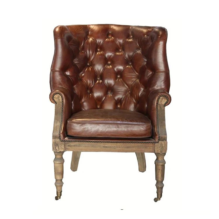 Button Wing Back Deconstructed Chair Vintage Tufted Leather Wingback Chair