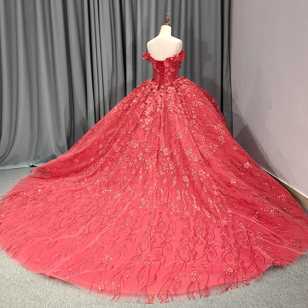 white christmas dresses Sparkly Lace Applique Red Wedding Gowns Off The Shoulder Quince Dress Red / 24W main image 0