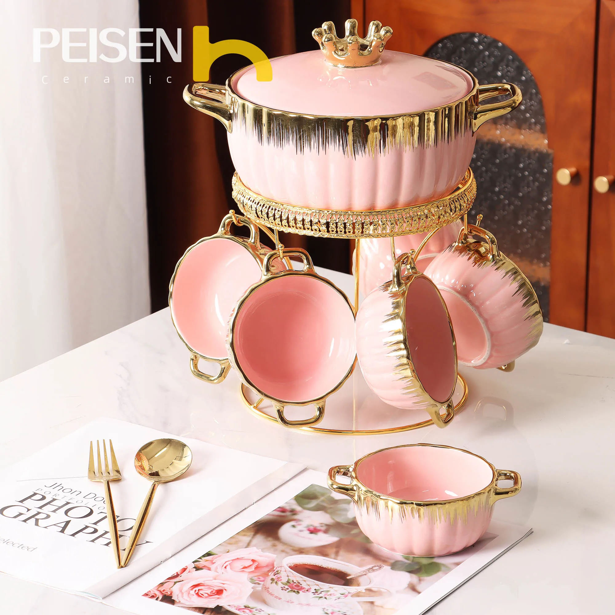 Large Capacity Ceramic Soup Bowl with Cover Gold Edge White Black pink Dark Green 9-piece Set with Soup Bowl with Cover